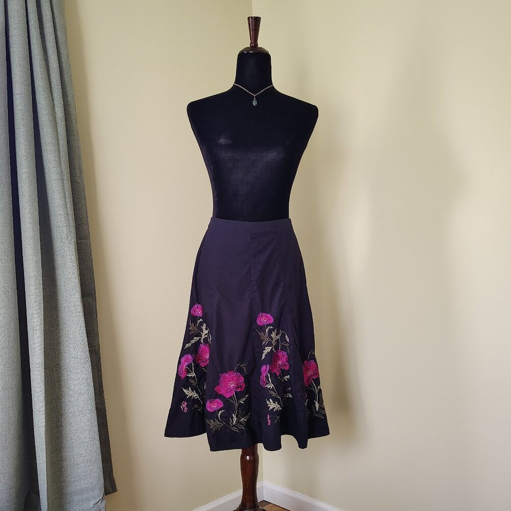 Black & Purple SUNNY LEIGH Floral Embroidered A-line Midi Skirt